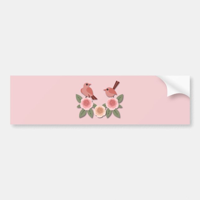 Cute Rosa Love birds och Blommar Ro Bildekal (Framsidan)