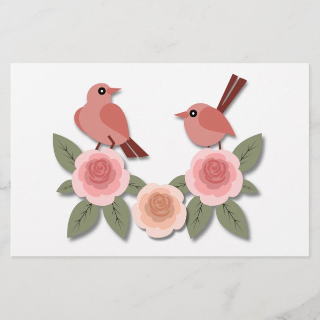 Cute Rosa Love birds och Blommar Ro Brevpapper (Framsida)