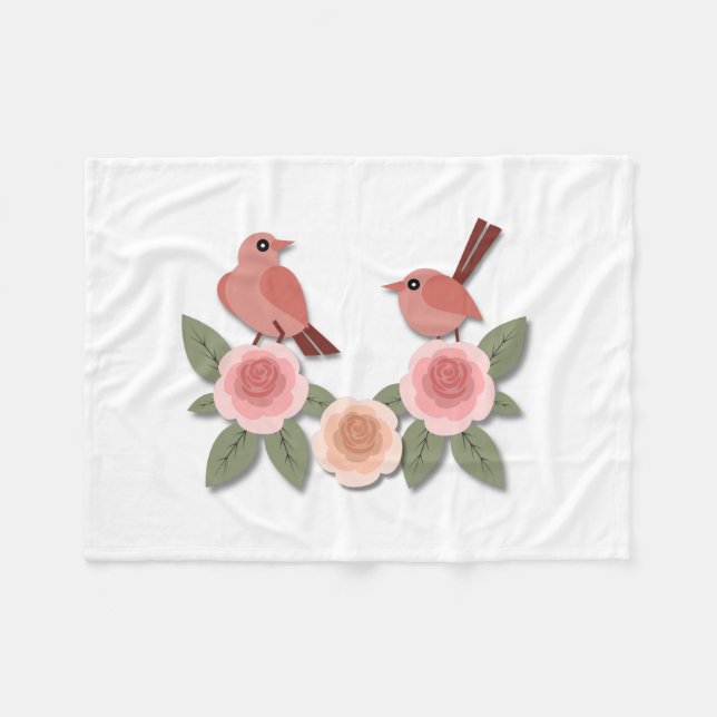 Cute Rosa Love birds och Blommar Ro Fleecefilt (Framsidan (Horisontell))
