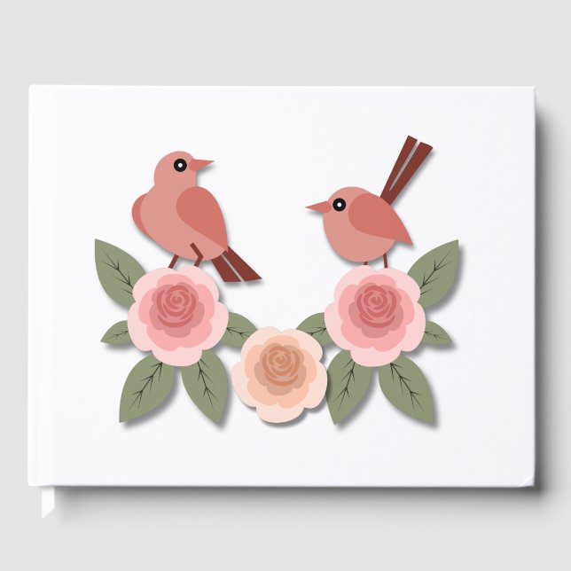 Cute Rosa Love birds och Blommar Ro Gästböcker (Framsida)