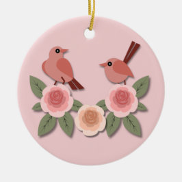 Cute Rosa Love birds och Blommar Ro Julgransprydnad Keramik