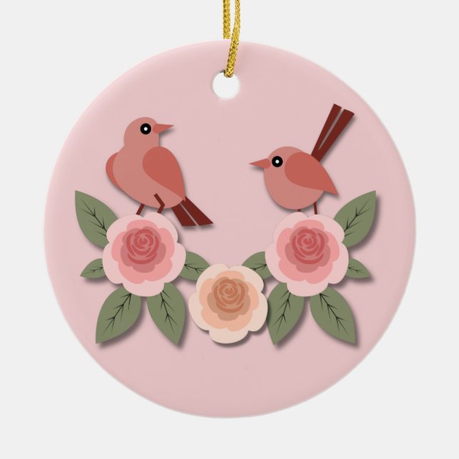 Cute Rosa Love birds och Blommar Ro Julgransprydnad Keramik (Framsidan)