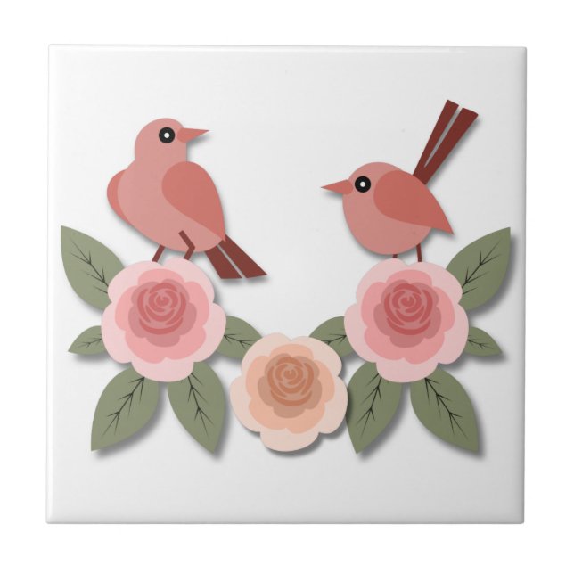 Cute Rosa Love birds och Blommar Ro Kakelplatta (Framsidan)