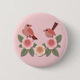 Cute Rosa Love birds och Blommar Ro Knapp