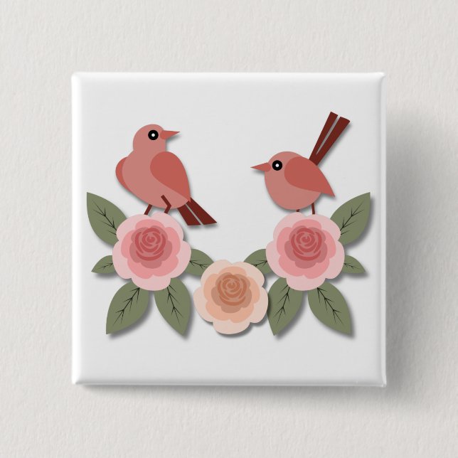 Cute Rosa Love birds och Blommar Ro Knapp (Framsida)