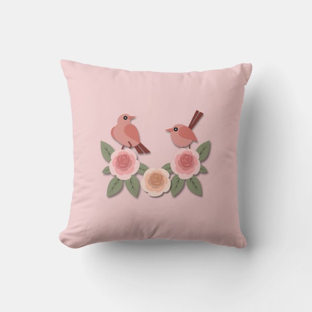 Cute Rosa Love birds och Blommar Ro Kudde (Framsida)