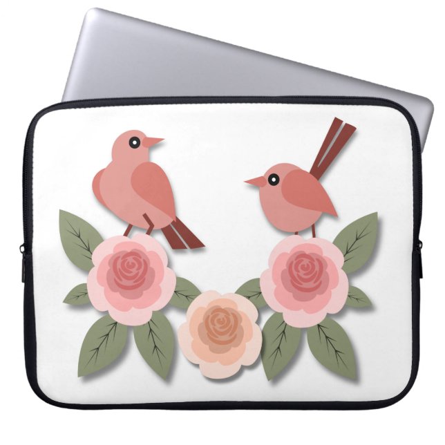 Cute Rosa Love birds och Blommar Ro Laptop Fodral (Framsidan)