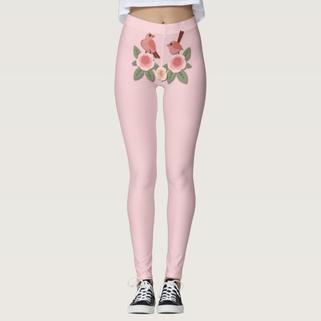 Cute Rosa Love birds och Blommar Ro Leggings (Framsida)