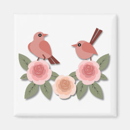 Cute Rosa Love birds och Blommar Ro Magnet