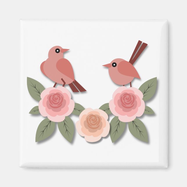 Cute Rosa Love birds och Blommar Ro Magnet (Framsidan)