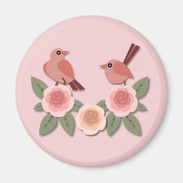 Cute Rosa Love birds och Blommar Ro Magnet