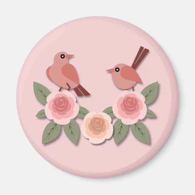 Cute Rosa Love birds och Blommar Ro Magnet (Framsidan)