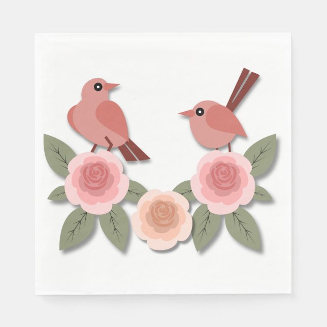 Cute Rosa Love birds och Blommar Ro Pappersservett (Framsidan)