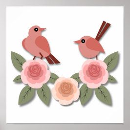 Cute Rosa Love birds och Blommar Ro Poster