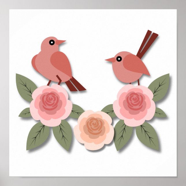 Cute Rosa Love birds och Blommar Ro Poster (Framsidan)