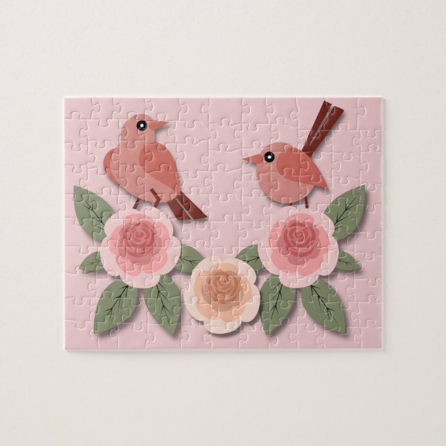 Cute Rosa Love birds och Blommar Ro Pussel (Horisontell)