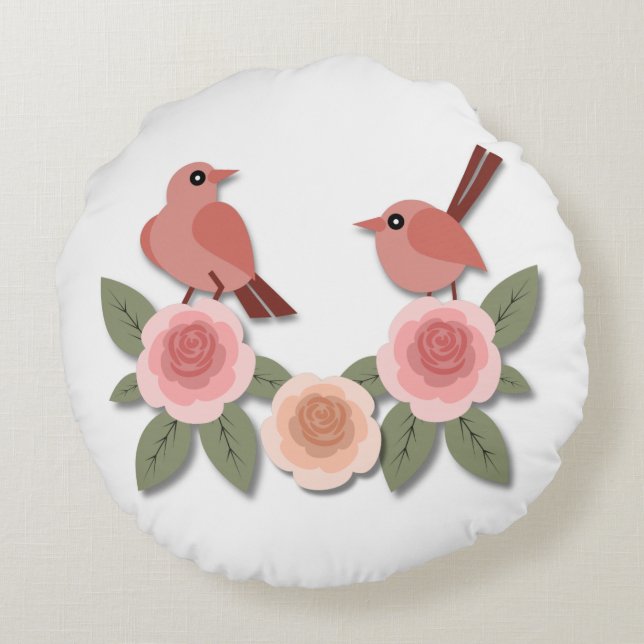 Cute Rosa Love birds och Blommar Ro Rund Kudde (Baksidan)