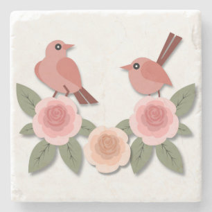 Cute Rosa Love birds och Blommar Ro Stenunderlägg