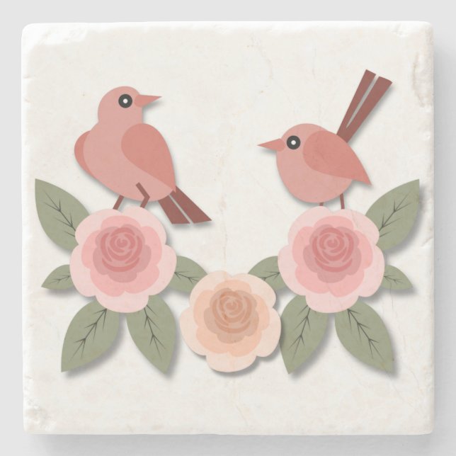 Cute Rosa Love birds och Blommar Ro Stenunderlägg (Framsidan)