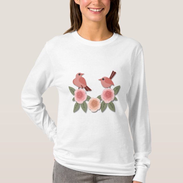 Cute Rosa Love birds och Blommar Ro T Shirt (Framsida)