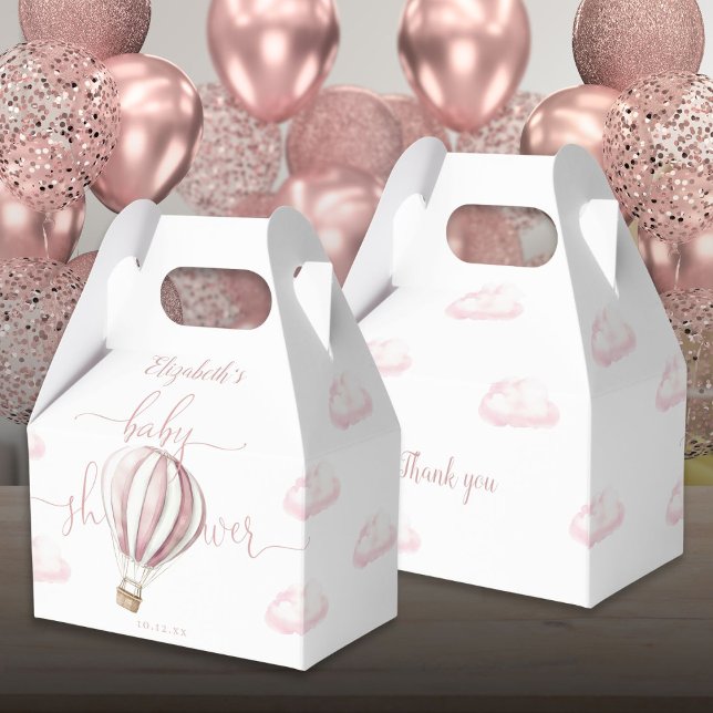 Cute Rosa Luftballong Girl Baby Shower Presentaskar (Cute Pink Hot Air Balloon Girl Baby Shower Favor Boxes)