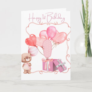 Cute Rosa Lycklig 1:a födelsedag Kort
