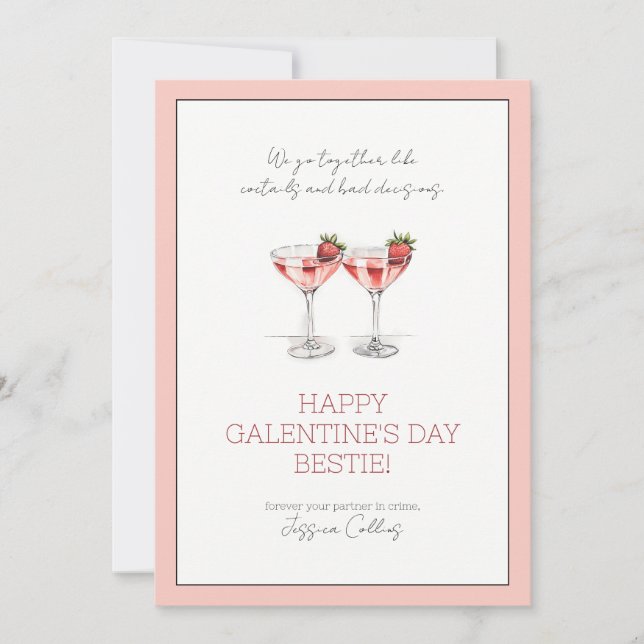 Cute Rosa Lycklig Galentine's Day Bestie Cocktails Julkort (Framsida)