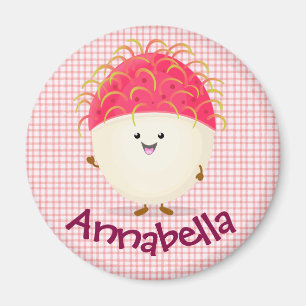 Cute rosa lycklig rambutan tecknad illustration magnet