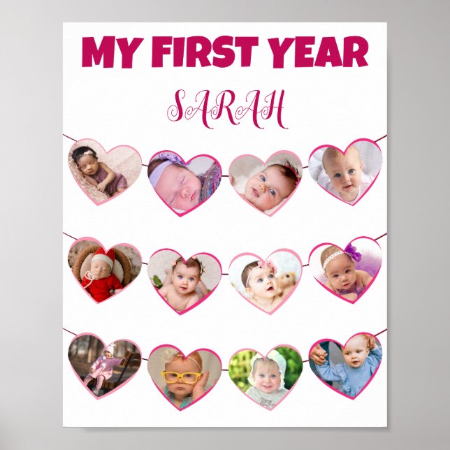 Cute Rosa lyssnar på mitt första år 12 fotokollage Poster (Framsidan)