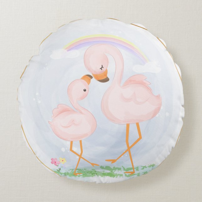 CUTE ROSA MAMMA OCH BABY FLAMINGOS RUND KUDDE (Framsidan)