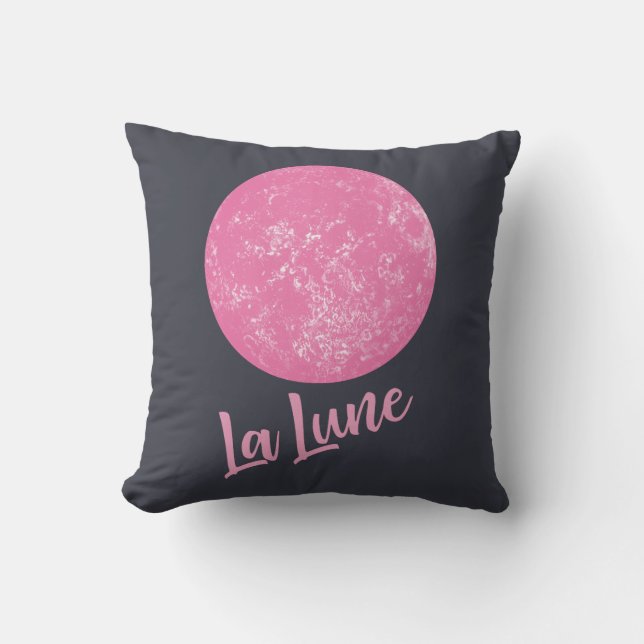 Cute Rosa Måne Illustration Fransk La Lune Blue Kudde (Framsida)