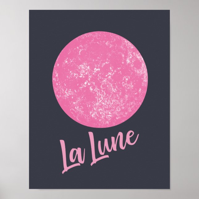 Cute Rosa Måne Illustration Fransk La Lune Blue Poster (Framsidan)