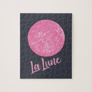 Cute Rosa Måne Illustration Fransk La Lune Blue Pussel