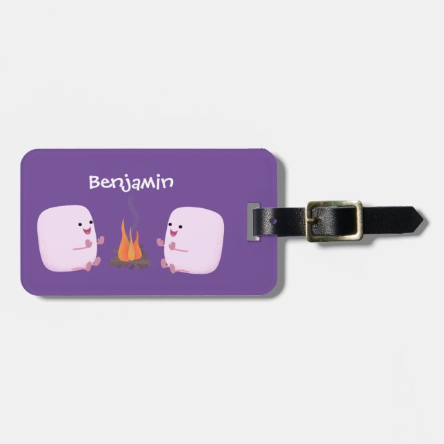 Cute rosa marshmallow efter tecknad av lägerbrand bagagebricka (Horisontell Framsida)