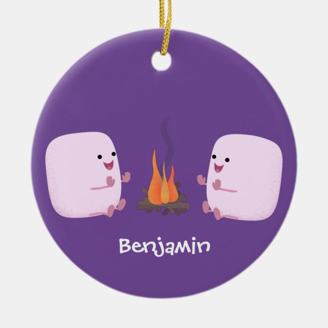 Cute rosa marshmallow efter tecknad av lägerbrand julgransprydnad keramik (Framsidan)