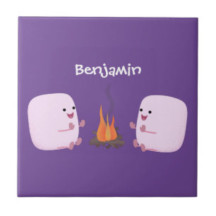 Cute rosa marshmallow efter tecknad av lägerbrand kakelplatta