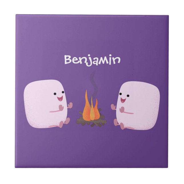 Cute rosa marshmallow efter tecknad av lägerbrand kakelplatta (Framsidan)