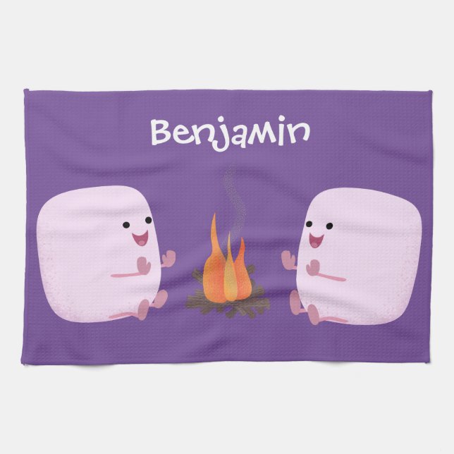 Cute rosa marshmallow efter tecknad av lägerbrand kökshandduk (Horisontell)