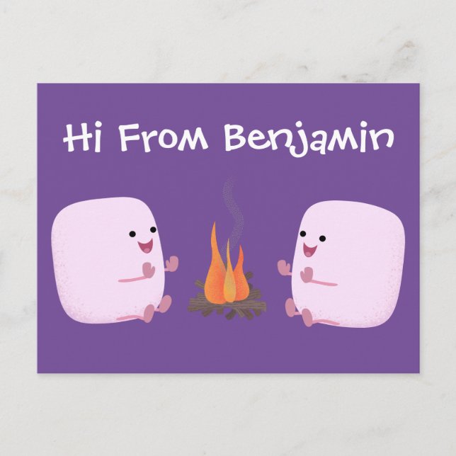 Cute rosa marshmallow efter tecknad av lägerbrand vykort (Framsida)