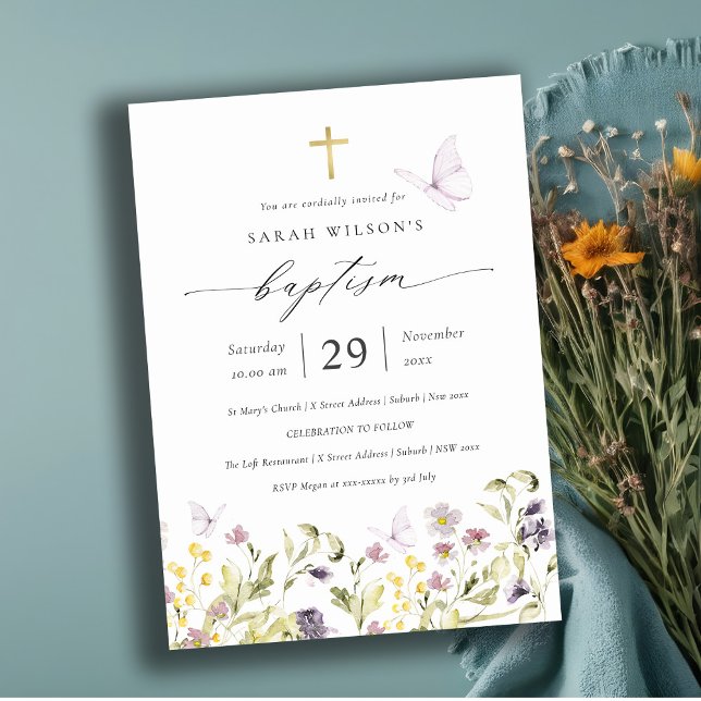 Cute Rosa Meadow Blommigt Butterfly Baptism Inbjud Tack Kort (Skapare uppladdad)