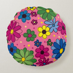 Cute Rosa med färgblommor Pillow Rund Kudde