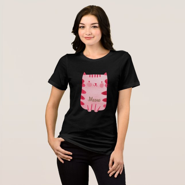 Cute Rosa Meow Cat T Shirt (Framsida Full)
