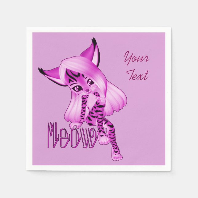 Cute Rosa Meow Tiger Cat Napkins Pappersservett (Framsidan)