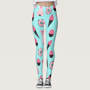 Cute Rosa Mint Piggy Donut Ice Cream Cone Mönster Leggings