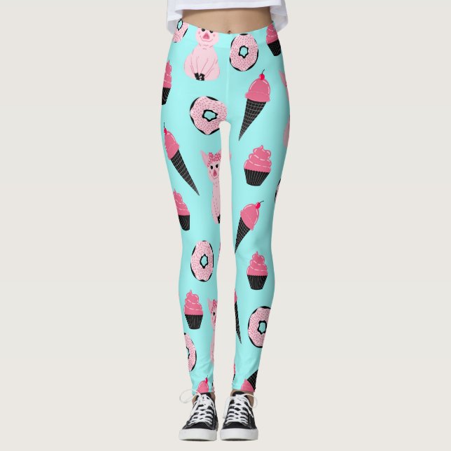 Cute Rosa Mint Piggy Donut Ice Cream Cone Mönster Leggings (Framsida)