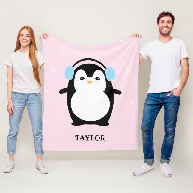 Cute Rosa modern baby penguin kawaii Illustration Fleecefilt (På plats)