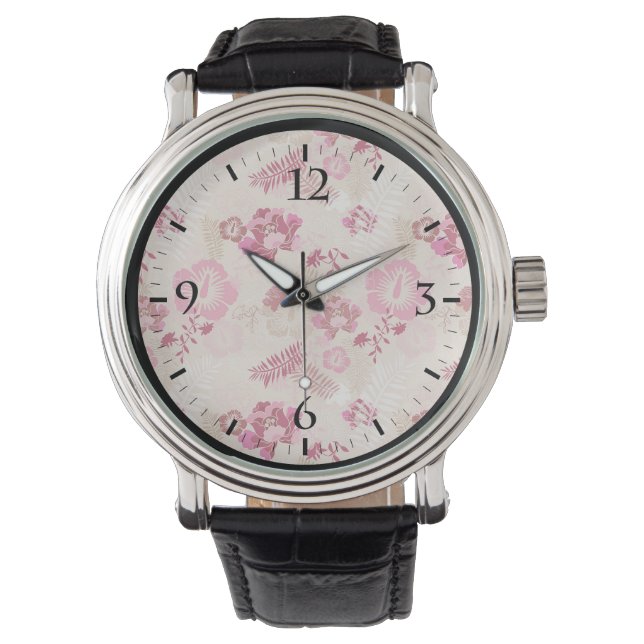 Cute rosa, moderna blommor mönster armbandsur (Framsida)