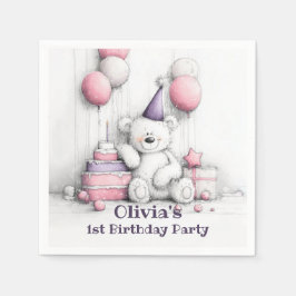 Cute Rosa Nalle 1:a födelsedag Party Pappersservett