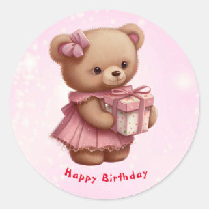 Cute Rosa Nalle Birthday Personlig Runt Klistermärke