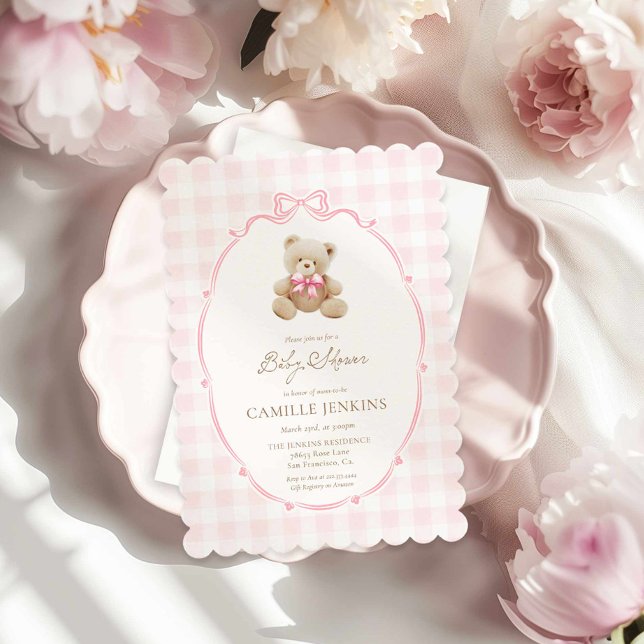 Cute Rosa Nalle Girl Baby Shower Inbjudan (Teddy Bear Pink Girl Baby Shower Invitation)
